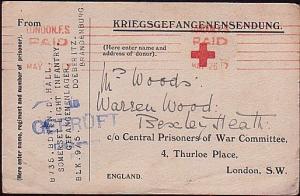 GB POW IN GERMANY 1917 card ex DOEBERITZ CAMP to UK........................32935