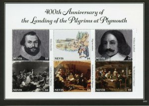 Nevis Ships Stamps 2020 MNH Landing Pilgrims Plymouth Mayflower Art 6v M/S