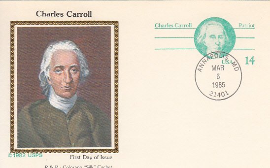 USA 1985 Card Sc UX106 14c Charles Carroll R & R Colorano Silk Cachet