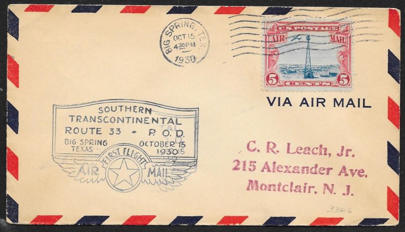 UNITED STATES First Flight Cover 1930 Big Spring Texas