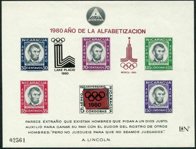 Nicaragua Mi 2147 Bl.126,MNH. Olympics-Moscow-1980.Alphabetization,Lincoln.