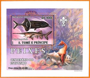 A6629 - SAO TOME & PRINCIPE, Error, 2007, MISSPERF SOUVENIR SHEET: Fish, Boy Sco