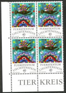 LIECHTENSTEIN 1977 40rp ZODIAC SIGN CANCER Issue BLOCK OF 4 Sc 600 MNH