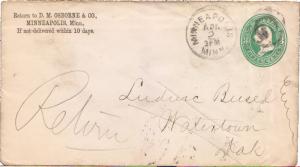 United States South Dakota Watertown 1882 ms Return  Postal Stationery Envelope.