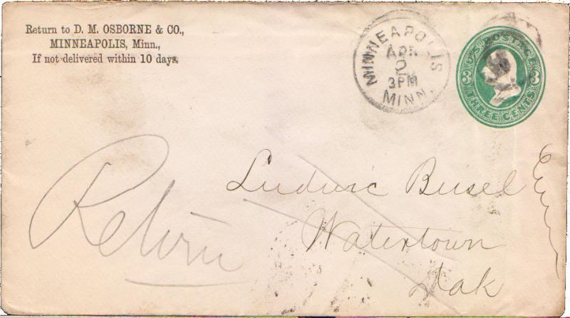 United States South Dakota Watertown 1882 ms Return  Postal Stationery Envelope.