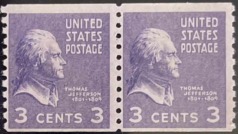 Scott #842 1939 3¢ Pres. Series Thomas Jefferson perf. 10 vertically MNH pair