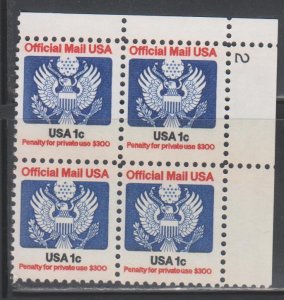 United States,  1c Official  (SC# O127) MNH PLT # BLOCK