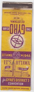 Canada Revenue 1/5¢ Excise Tax Matchbook THE GYRO CLUB OF OTTAWA