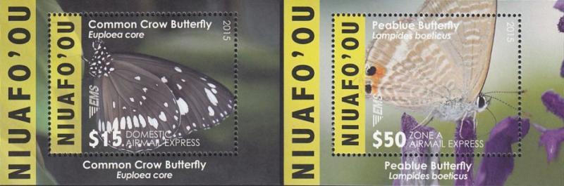 NIUAFO'OU - 2015 - Butterflies, High Values - Perf 2 Souv Sheets - M N H