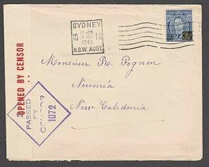 AUSTRALIA TO NEW CALEDONIA 1942 3½d opt on censor cover Sydney to Noumea...55160