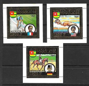 TOGO Sc C194A-C NH 3 GOLD FOIL SOUVENIR SHEETS of 1973 - OLYMPICS. Sc$375