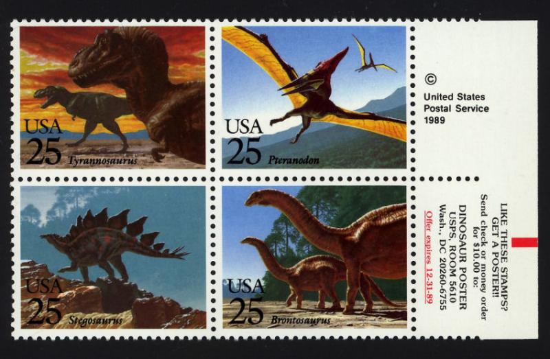 2422-25 25c Prehistoric Animals MNH copyright block of 4