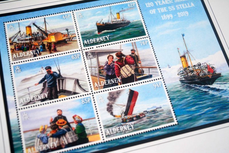 COLOR PRINTED GB ALDERNEY 1983-2020 STAMP ALBUM PAGES (89 illustrated pages)