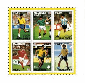 Maldives 1994 - FIFA World Cup, Footballers - Sheet of 6v - Scott 2000 - MNH