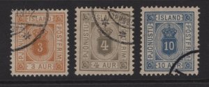Iceland 1898-1902 Coat of Arms Officials #O10-O12 Facit Tj10, 11 & 13 VF Used