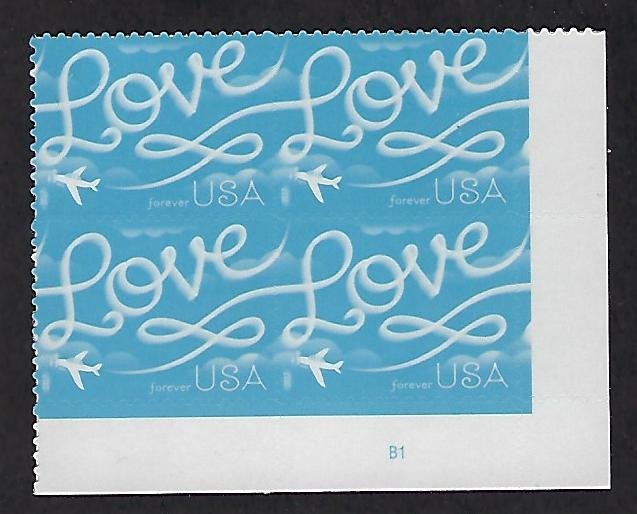 Catalog # 5155 Plate Block of 4 Love & Blue Airplane in the Clouds