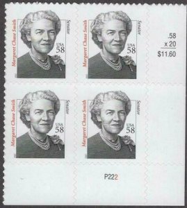 2000-09 Margaret Chase Smith Plate Block of 4 58c Postage Stamps, Sc# 3427, MNH