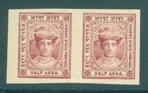 SG 10b Indore 1904-20. ½a lake imperf pair. Fine mint, full large margins CAT£50