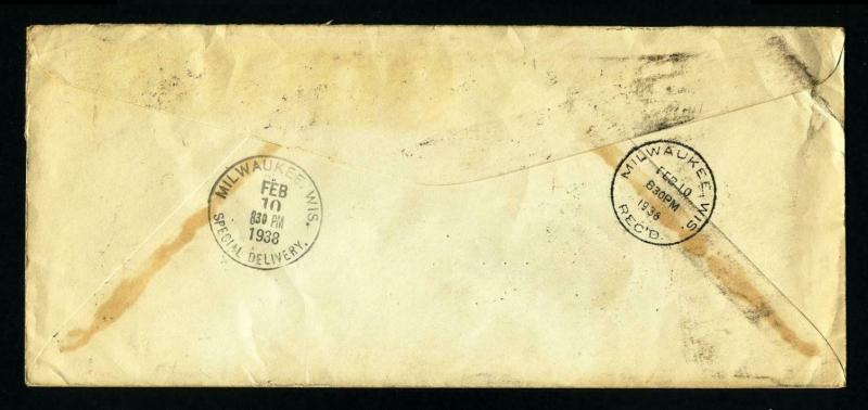 Airmail Special Delivery National Enameling, Houston, TX to Milwaukee, WI 2-9-38