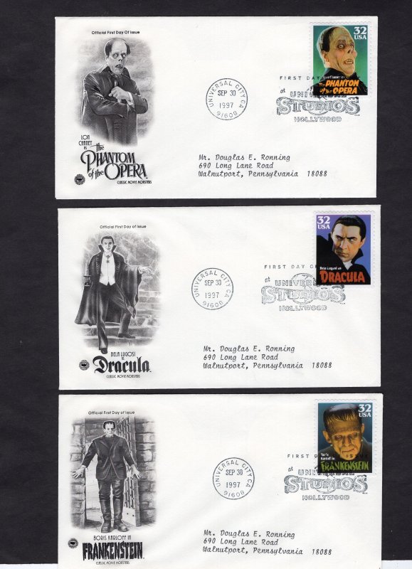 3168-3172 Movie Monsters, set/5 FDC PCS addressed