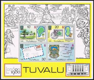 Tuvalu 133-136, 136a S/S, MNH. LONDON Stamp Exhibition. Tree, Map, Letter, 1980