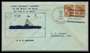 US 1934 Cover U.S,S. Ranger Navy Aircraft carrie rto greensburg Ind.