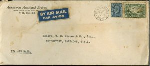 1936 AIRMAIL to BARBADOS 20c+5c half ounce rate GPO receiver cover Canada