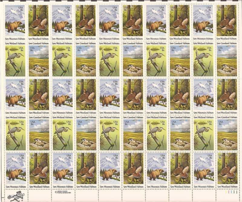 US Stamp - 1981 Wildlife Habitat Preservation - 50 Stamp Sheet #1921-4