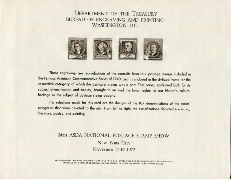 Famous Americans Vignettes Souvenir Card Bureau Engraving and Printing 1972 ASDA 