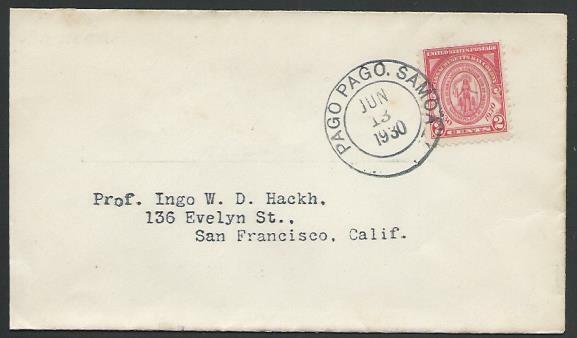 AMERICAN SAMOA 1930 2c Massachusetts on cover ex PAGO PAGO.................27410