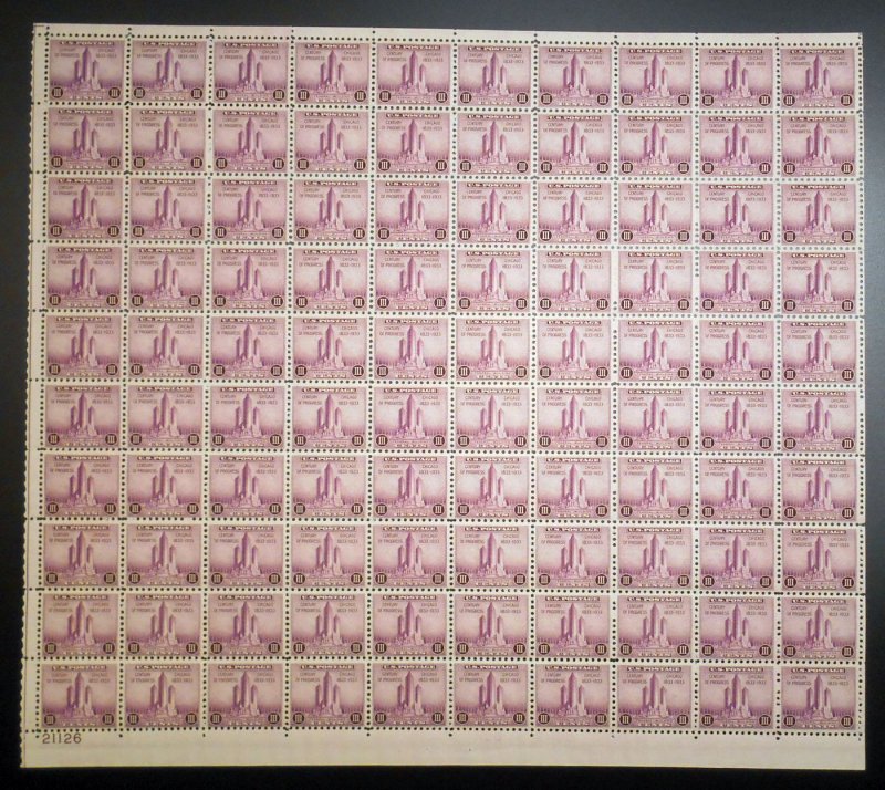 1933 Century of Progress 3c purple Sc 729 full sheet of 100 select quality