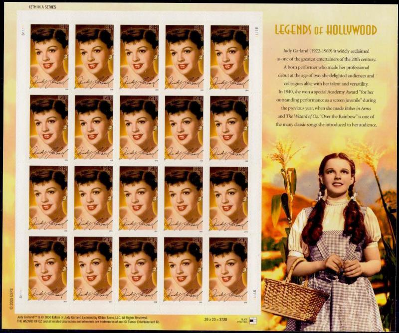 2006 39c Judy Garland, Actress, Wizard of Oz Sheet of 20 Scott 4077 Mint F/VF NH