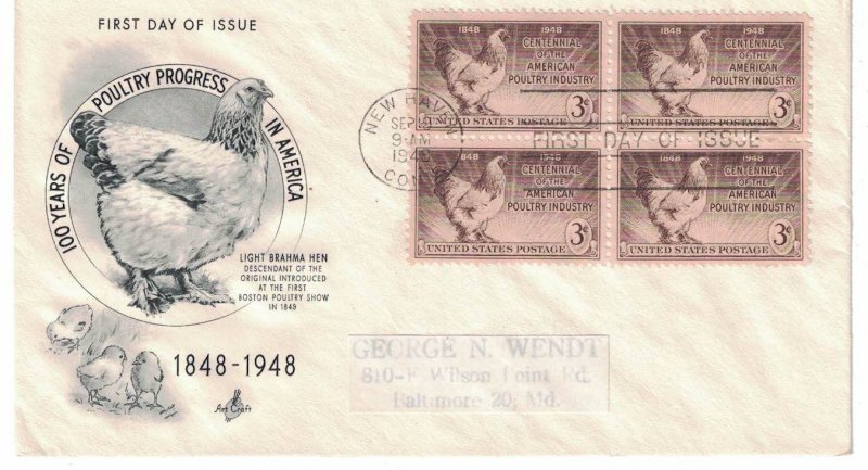 #968 FDC, 3c Poultry Industry, Art Craft cachet, block of 4