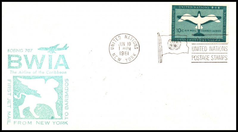 UN New York to Barbados BWIA 1961 First Jet Flight Cover