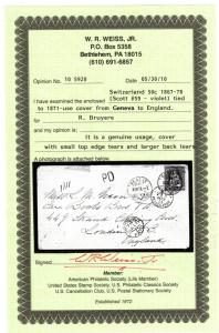 Switzerland 1871 scott 59 on cover to London England with Weiss Cert.