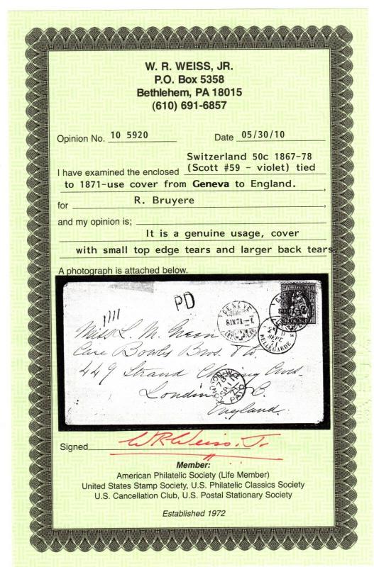 Switzerland 1871 scott 59 on cover to London England with Weiss Cert.