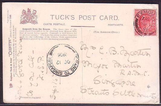 UK TO MALAYA 1905 card to Singapore PENANG TO SINGAPORE marine sorter cds..34815