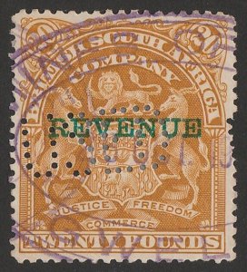 RHODESIA 1907 'REVENUE' on Arms £20 yellow-brown.