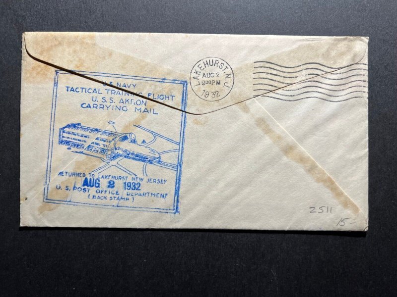1932 USA Zeppelin Airmail Cover USS Akron Lakehurst NJ to Roslindale MA Training