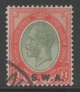 SOUTH WEST AFRICA SG57 1927 £1 PALE OLIVE-GREEN & RED FINE USED