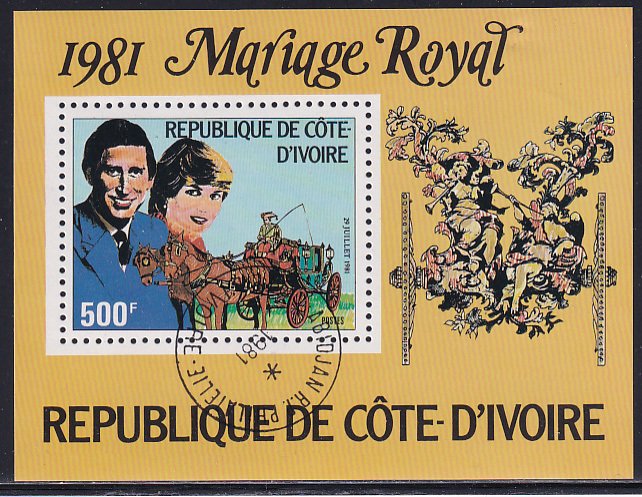 Ivory Coast 1981 Sc 596 Royal Wedding Prince Charles Diana Coach Stamp SS CTO NH