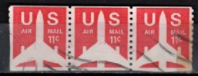 A strip of 3 11c US Airmails with Various Cancels