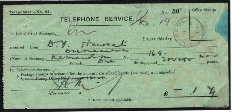 GB SCOTLAND TELEPHONES *Kilmacolm* CDS GPO Form KGV KEVII Franking 1914 K51a