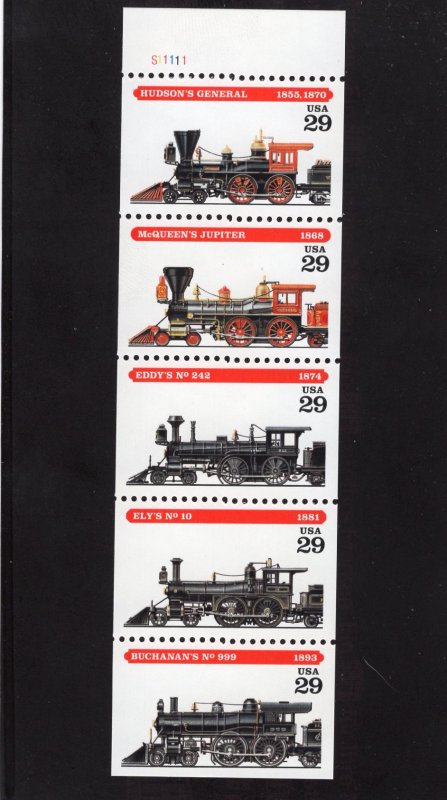 2847a Trains, MNH pane/5 w/plate # never folded