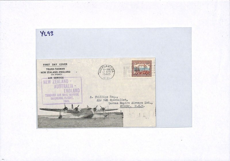NEW ZEALAND Air Mail Cover FIRST FLIGHT QANTAS GB via AUSTRALIA Sydney 1940 YL93