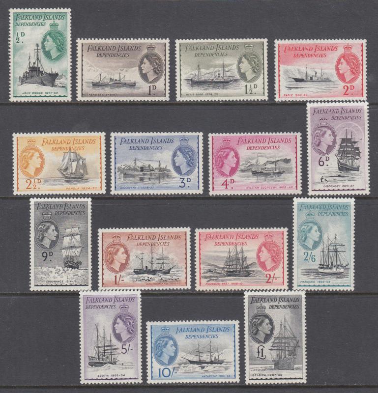 Falkland Islands Dependencies Sc 1L19-1L33 MLH. 1954 QEII pictorials, cplt set