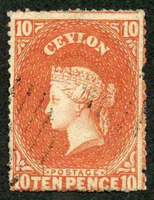 Ceylon SG34 10d Dull Vermilion Wmk Star Rough Perf 14 to 15.5 cat 28 pounds