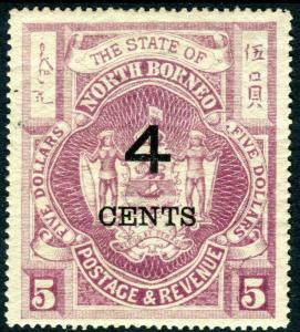 NORTH BORNEO-1899 4c on $5 Bright Purple.  A lightly mounted mint example Sg 123