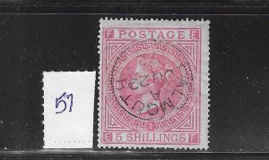 GREAT BRITAIN SCOTT #57 (SG #126) 1867 5 SH WMK 26- USED (FAULTS)