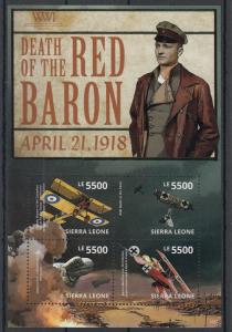 Sierra Leone 2014 MNH WWI WW1 Death of Red Baron 4v M/S Aviation Military Stamps